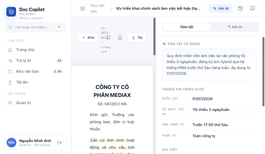 Màn hình đọc tài liệu với trợ lý AI